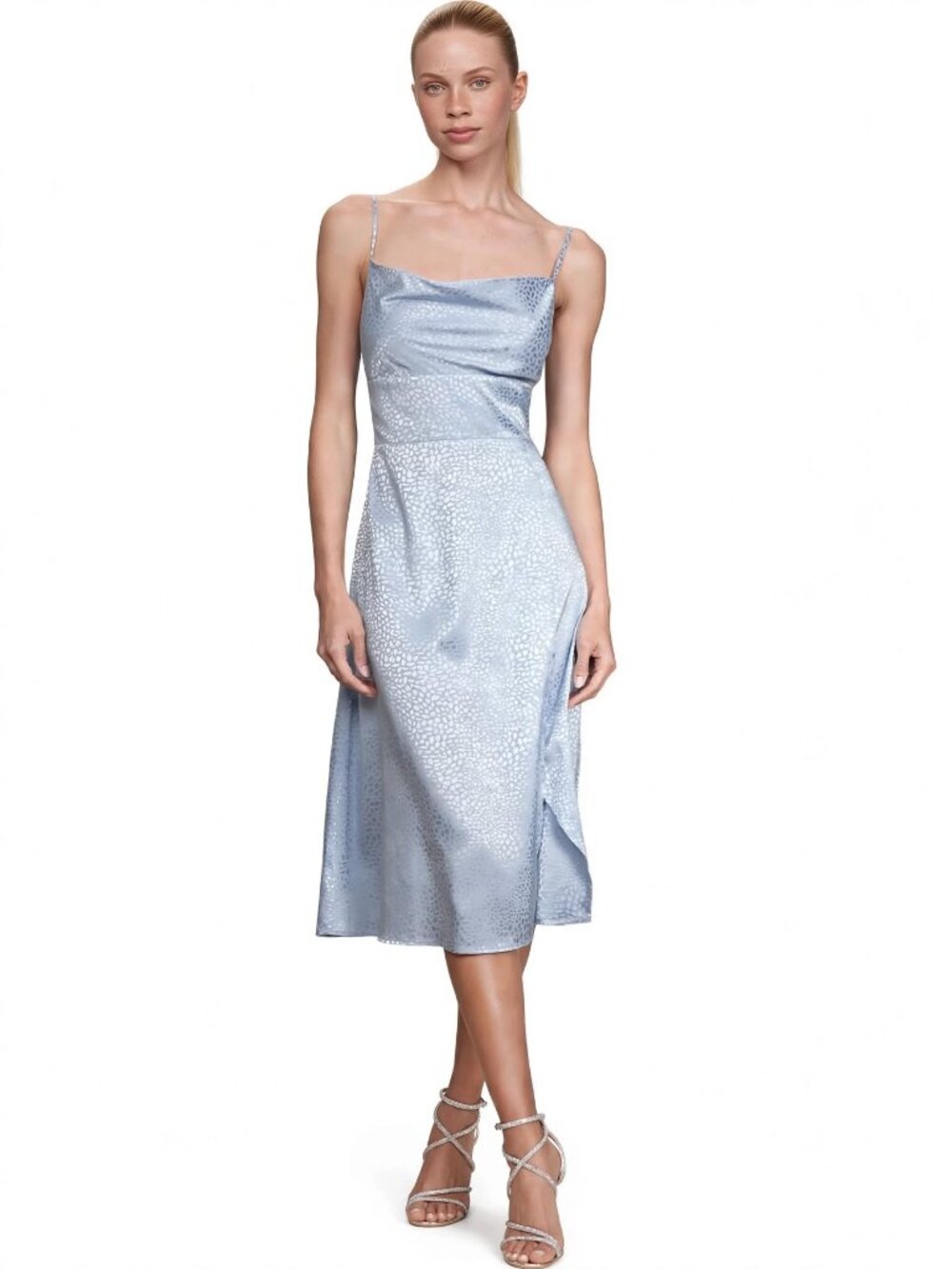 Lulus Fiercely Chic Dress Light Blue Satin Embossed Animal Pattern Cowl Bodice